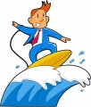 businessman in blue suit surfing a wave